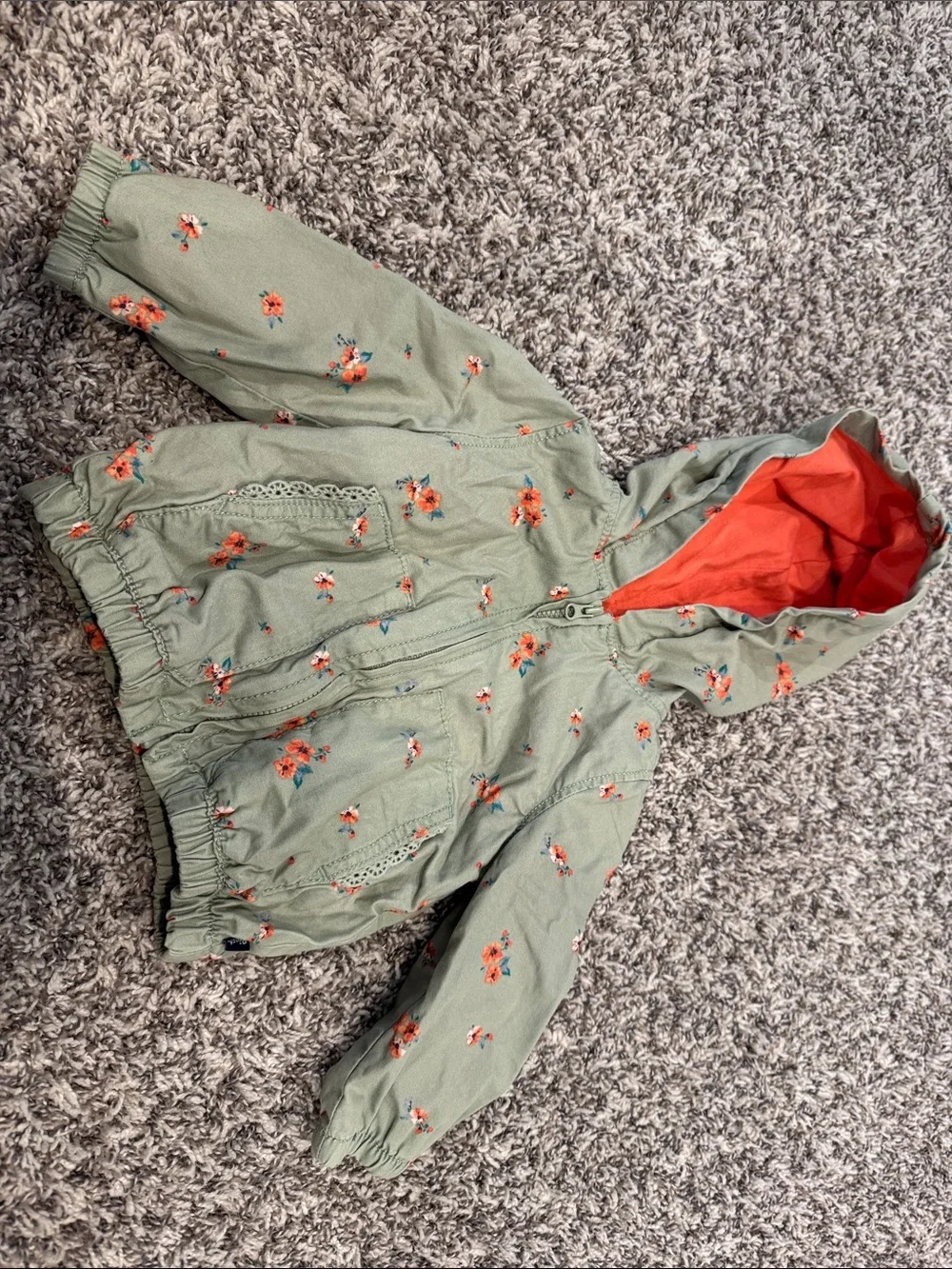Girls' Floral Hooded Raincoat in Sage Green with Coral Lining